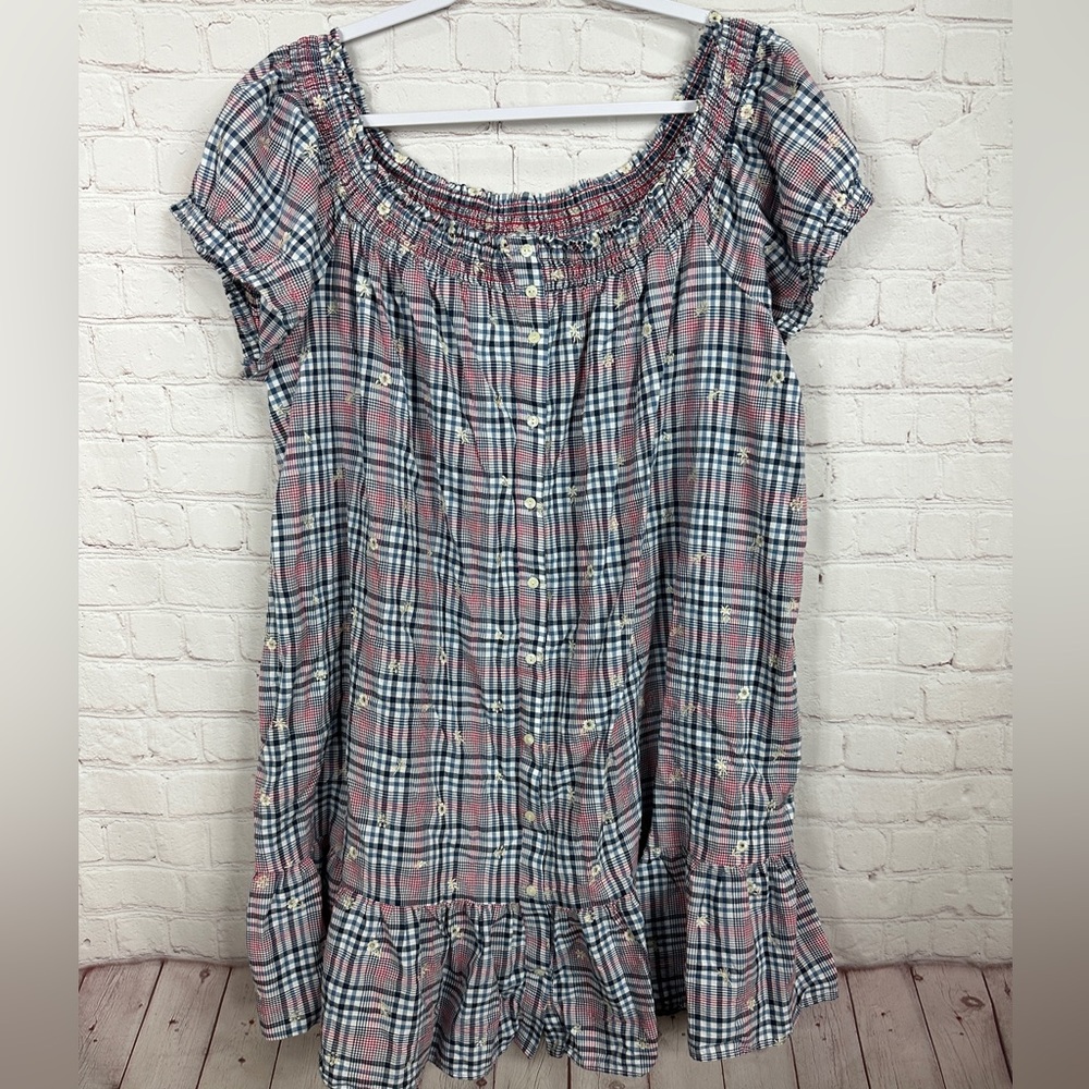 Anthropologie Pink Navy Plaid Smocked-Neck Ruffle Midi Dress